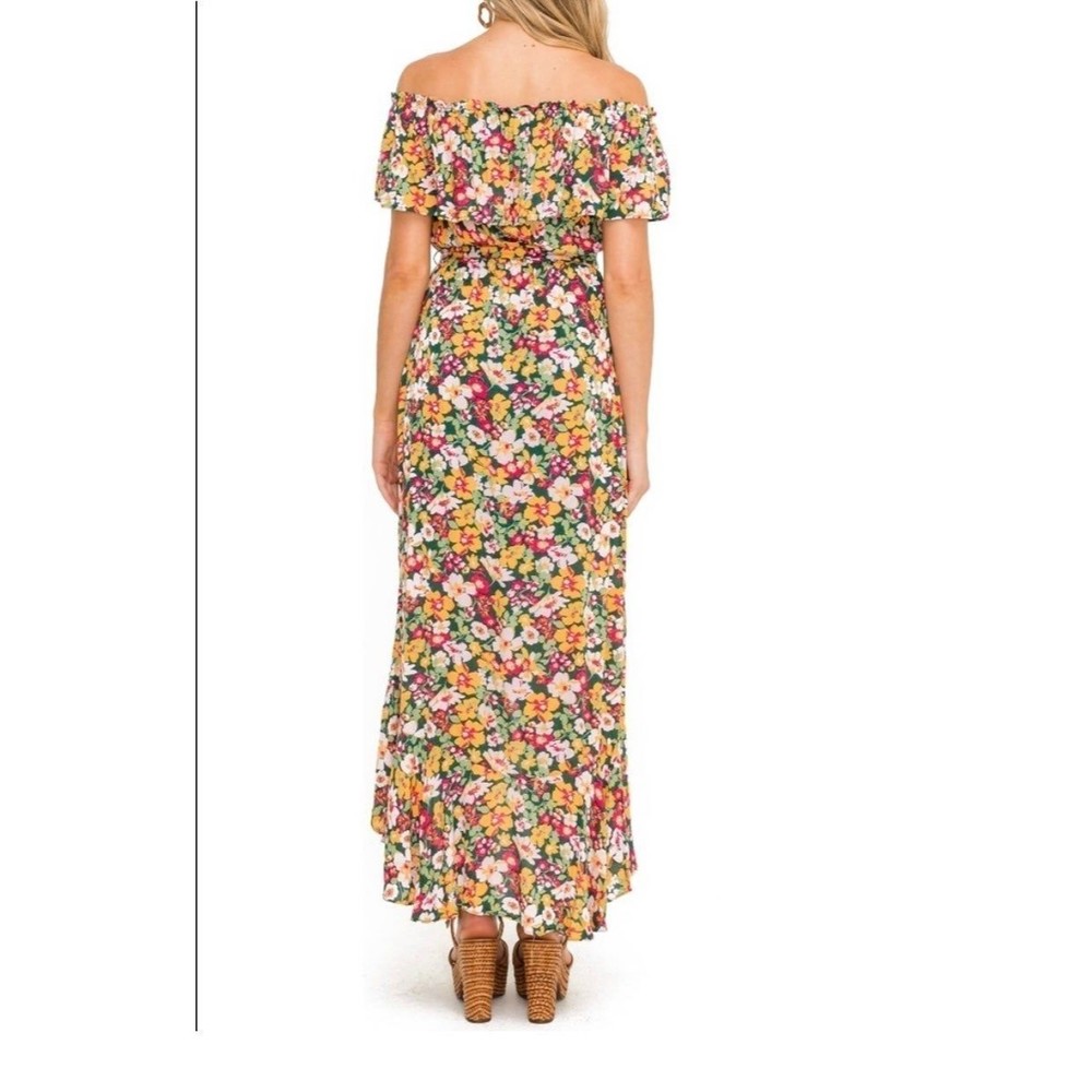 All in Favor Dark Green Floral off shoulder dress